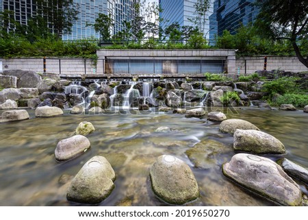Artificial waterfall and rocks in Cheonggyecheon stream, Seoul, 