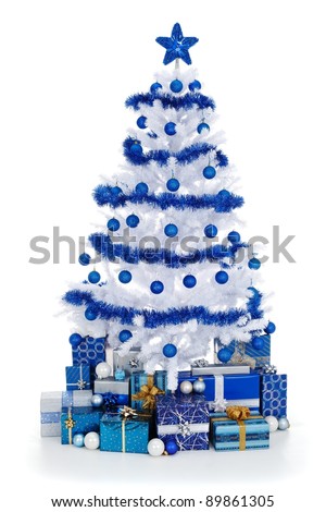 artificial white christmas tree on white decorated with blue ornaments and garland lots of - White Christmas Tree With Blue Decorations artificial white christmas tree on white decorated with blue ornaments and garland lots of - White Christmas Tree With Blue Decorations
