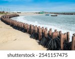 Artificial Wooden Poles Made from Discarded Plastic  or recycle to Create Beach Wave Fence Lines for coastal erosion that capsule  to Ocean sediment system .