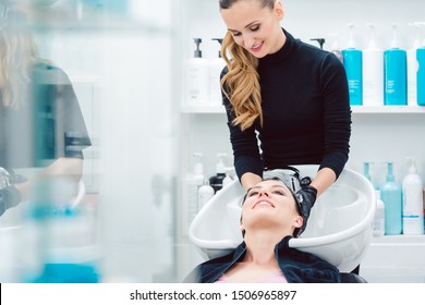 Artisan hairdresser diligently washing hair of customer woman - Powered by Shutterstock