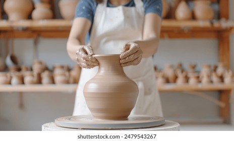 Artisan potter creating a clay vase on a wheel in a modern workshop. "A talented potter is molding a clay vase on a pottery wheel in a well-equipped studio. - Powered by Shutterstock