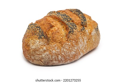 Artisan Sourdough Bread With Poppy Seeds And Sesame On Isolated White Background