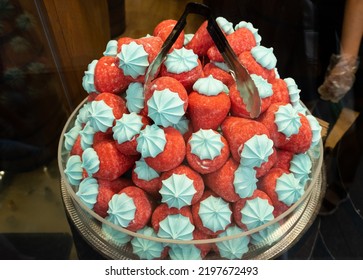 Artisanal Candies Within The Candy Shop In Istanbul. Macaron Candies On Display In The Showcase. Strawberry Shaped Red, Candies And Macarons.
Selective Focus.

