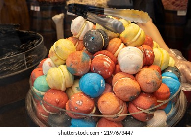 Artisanal Candies Within The Candy Shop In Istanbul.
Macaron Candies On Display In The Showcase. Colorful Candies Or Macarons. Selective Focus.