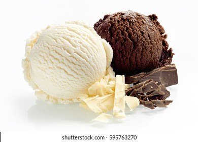 Artisanal Dark And Milk Chocolate Ice Cream Or Italian Gelato With Chopped Bars Of Candy Alongside As Ingredients On A White Background Showing The Texture Of The Scoops