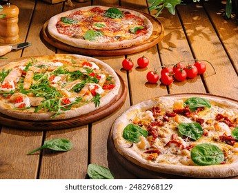 Artisanal pizzas with fresh toppings top view, rustic setting - Powered by Shutterstock