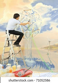 Artist With An Airbrush Painting The Walls. Concept Of Clean Energy