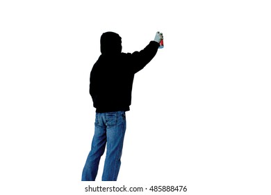 Artist With Can Of Spray Paint Draws Graffiti Picture Isolated On A White Background In Black Hood Unknown Back View