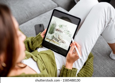 Artist Or Designer Making Landscape Design, Drawing On A Digital Tablet With Pencil, Close-up On A Screen. Designing On A Digital Touchpad Concept