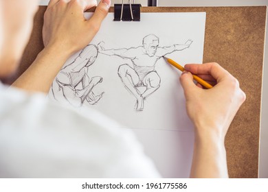 Artist Drawing Figure Pencil Sketches.