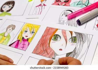 The artist draws sketches of anime frames on paper. Manga style.