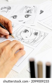 An Artist Draws A Storyboard Of An Anime Comics Book. Manga Style.