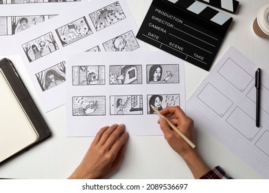 The Artist Draws A Storyboard For The Film. The Director Creates The Storytelling By Sketching Footage Of The Script On Paper.