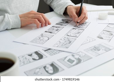 Artist illustrator draws a storyboard for the film. The animator creates sketches for the cartoon. - Shutterstock ID 1749819146