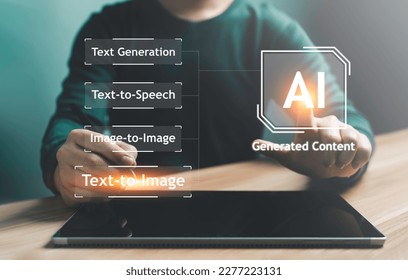 Artist Man using hand AI, Artificial Intelligence to generate content. Text to image, speech, smart AI, by enter command prompt for generates something, Futuristic technology Business transformation. - Shutterstock ID 2277223131