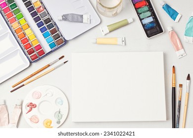 Artist painting color palettes  brushes   white canvas mockup  Craft hobby background  Recomforting  destressing hobby  art therapy