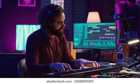 Artist playing piano keyboard and recording sounds for mix and master session, using daw software interface to produce new songs. Music producer composing tunes with midi controller. Camera A. - Powered by Shutterstock