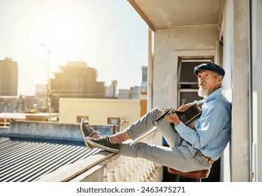 Artist, senior and man with acoustic guitar for playing with retired musician on balcony in town for memories. Elderly, creative and proud of accomplishments with blues or folk song in urban Italy. - Powered by Shutterstock