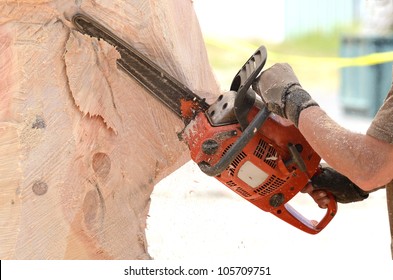 Artist Working During A Chainsaw Sculpture Contest On The Oregon Coast