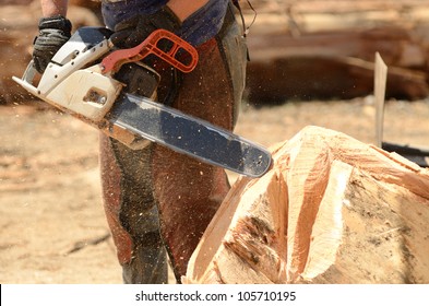 Artist Working During A Chainsaw Sculpture Contest On The Oregon Coast