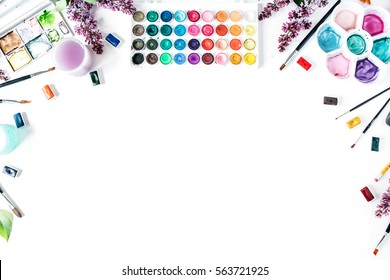 Artist workspace  Watercolor   brushes white background  Flat lay  top view