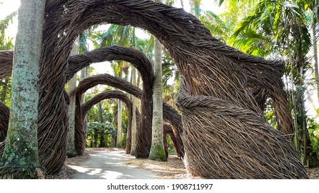 Artistic abstract arches made out of twigs in a tropical botanical garden in Vero Beach, Florida.