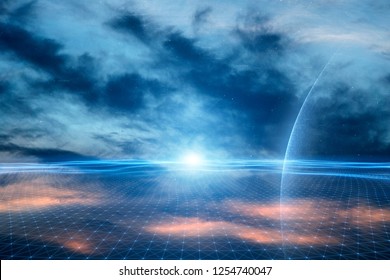 Artistic cloudscape with digital computer data network net background.