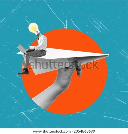 Artistic Collage: Paper Airplane with a Man Seated, Holding a Laptop and a Lightbulb as a Head. Concept of a Successful Business Launch