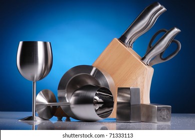 artistic composition of metal kitchen accessories