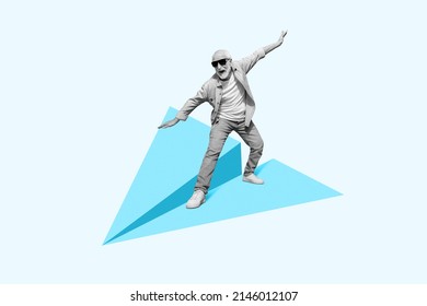 Artistic Composition Of Middle Aged Person Have Fun Carefree Fly Paper Airplane Isolated Pastel Color Background