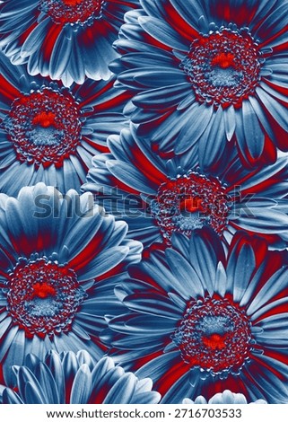 Artistic composition of multiple gerbera flowers with bold digital color processing and high contrast. Ideal for creative backgrounds, posters, textile design, branding, contemporary visual projects 