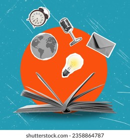 Artistic Contemporary Collage: An open book, knowledge flowing from the pages. The concept of learning and science