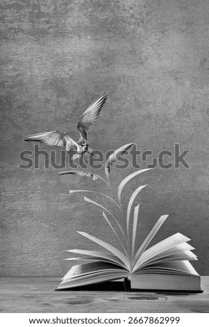 Artistic conversion of an open book on table with pages to become a flying bird in monochrome