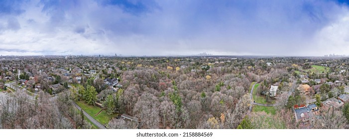 Artistic Creative View Of Great Toronto Area GTA City In Canada. Parks And Green Space With Low Rise Houses Skyline Cityscape In Ontario. Housing And Real Estate Concept.