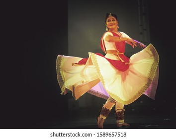 A artistic cross color shot of a kathak dancer at the event ' ShishiraChhanda' on December 14,2019 at Sevasadan hall,Bengaluru India