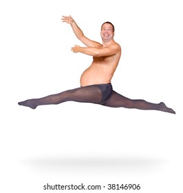 Artistic Dancing Fat Man On A White Background. Obese Ballet Dancer Jumping While Dancing On A White Background. Crazy Funny Man Doing Ballet Dancing. A Fat Man Dancing Ballet. Ballet Master Of Dance.