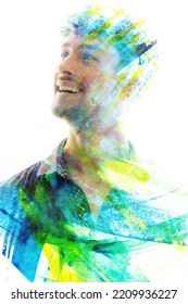 Artistic Double Exposure Portrait Of A Man Combined With Watercolor Brushstrokes