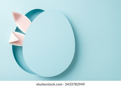 Artistic Easter theme, featuring top view of whimsical bunny ears emerging from egg-like opening with detachable cover, arranged on pastel blue surface, with space for personalized promo content