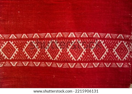 Artistic embroidery, folk Tatar towels. Ceremonial Tatar towel, large hand-embroidered woven item from the 19th century. Handmade weaving, arts and crafts background.