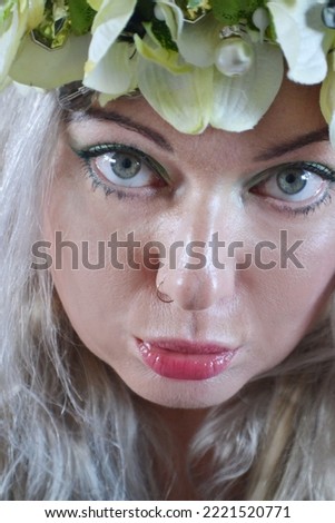 Artistic Fashion Face close up beauty make up green flowers wreath savage woman fairy theatrical beauty blog cosplay