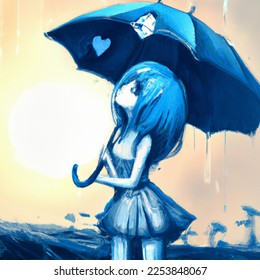 Artistic image of fairy with umbrella looking at the blue sun