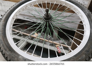 An artistic macro view features the wheel of a bicycle. The radial pattern of the spokes and textures are highlighted