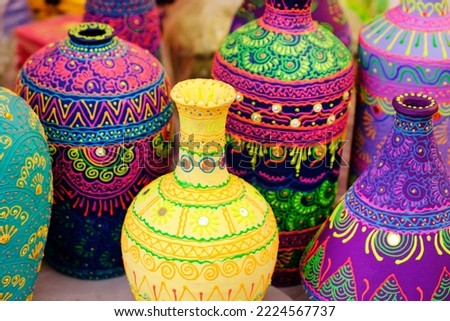 artistic painted colorful handcrafted Products selling in handicraft fair.