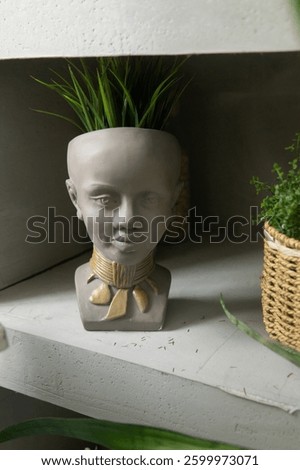 Artistic planter with a decorative bust shape containing green foliage, displayed on a concrete shelf alongside other natural decor elements, providing a modern and creative interior design aesthetic