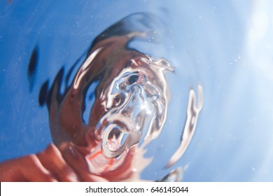 Artistic Portrait, Distorted, View Though Water Surface, Bubbling With Straw