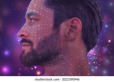 An artistic portrait of a man's profile digitally manipulated and modified on a colorful background 