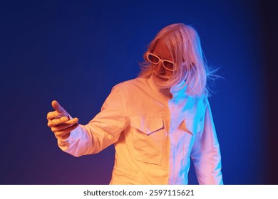 Artistic portrayal of a person with long white hair in a stylish outfit, showcasing unique sunglasses and a dynamic pose against a vibrant blue and orange background