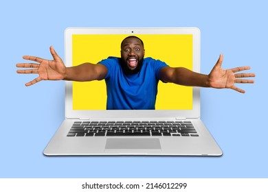 Artistic poster of funny guy appear in netbook screen hug isolated blue color background. Vr reality easy chat concept