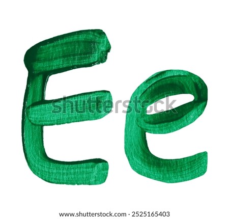 Artistic representation of the letters E and e painted in vibrant green with isolated on white background and have clipping paths, perfect for educational and creative design projects.