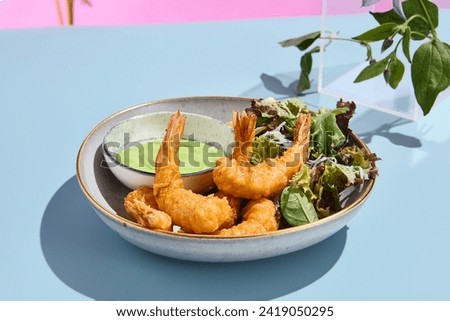 Artistic tempura shrimp with wasabi sauce, accompanied by summer blooms and soft pastel tones.